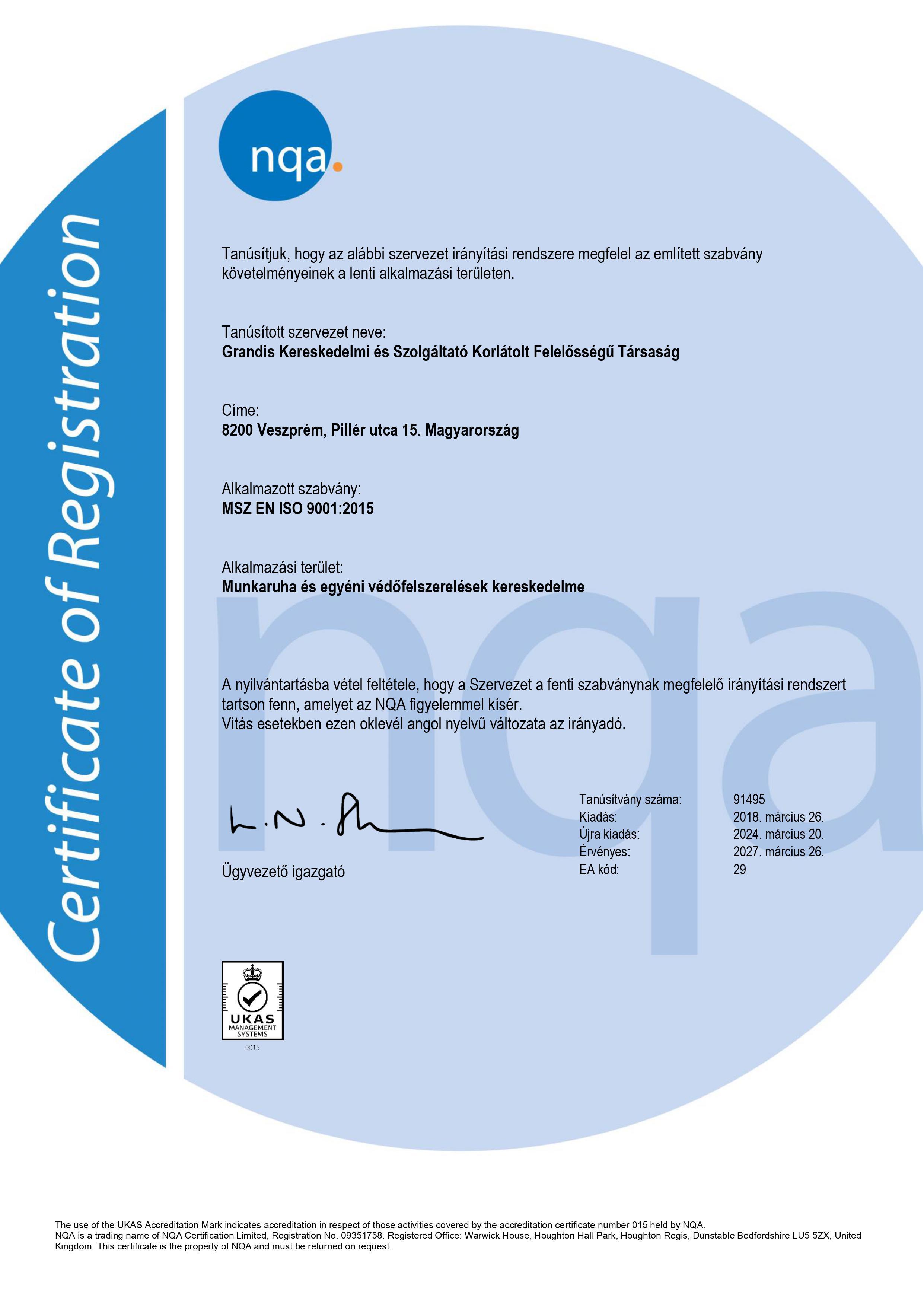 ISO 9001:2015 NQA tanúsítvány 