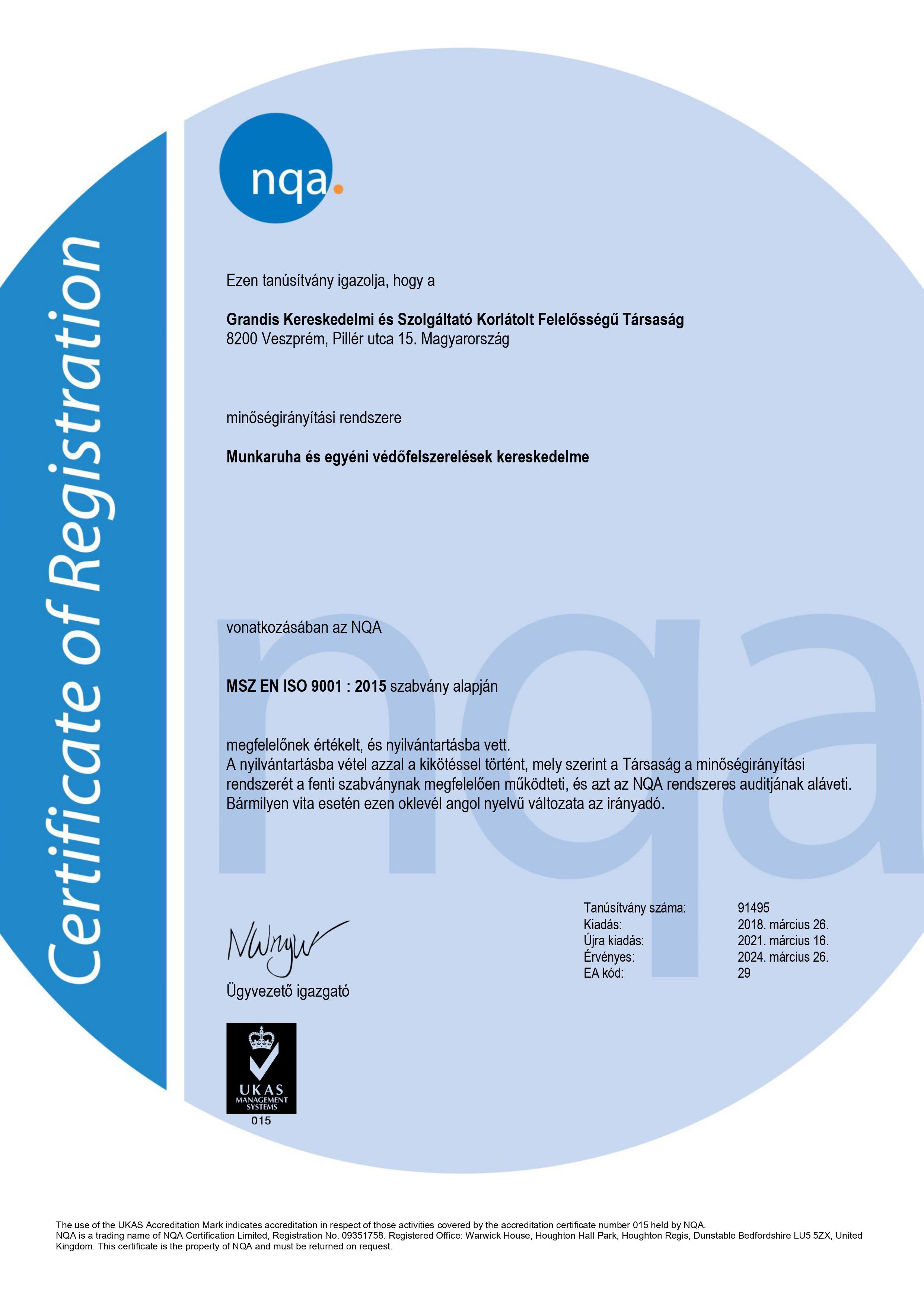 ISO 9001 tanúsítvány