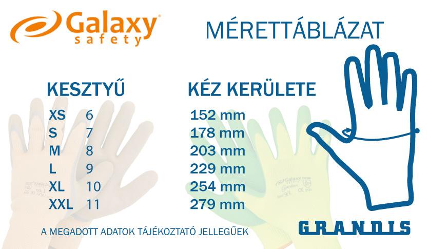 Galaxy kesztyűk mérettáblázata ábrával