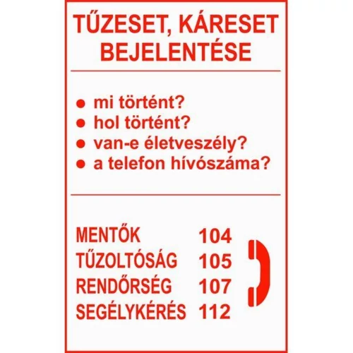 Tűzeset, káreset bejelentése - műanyag, 160*250